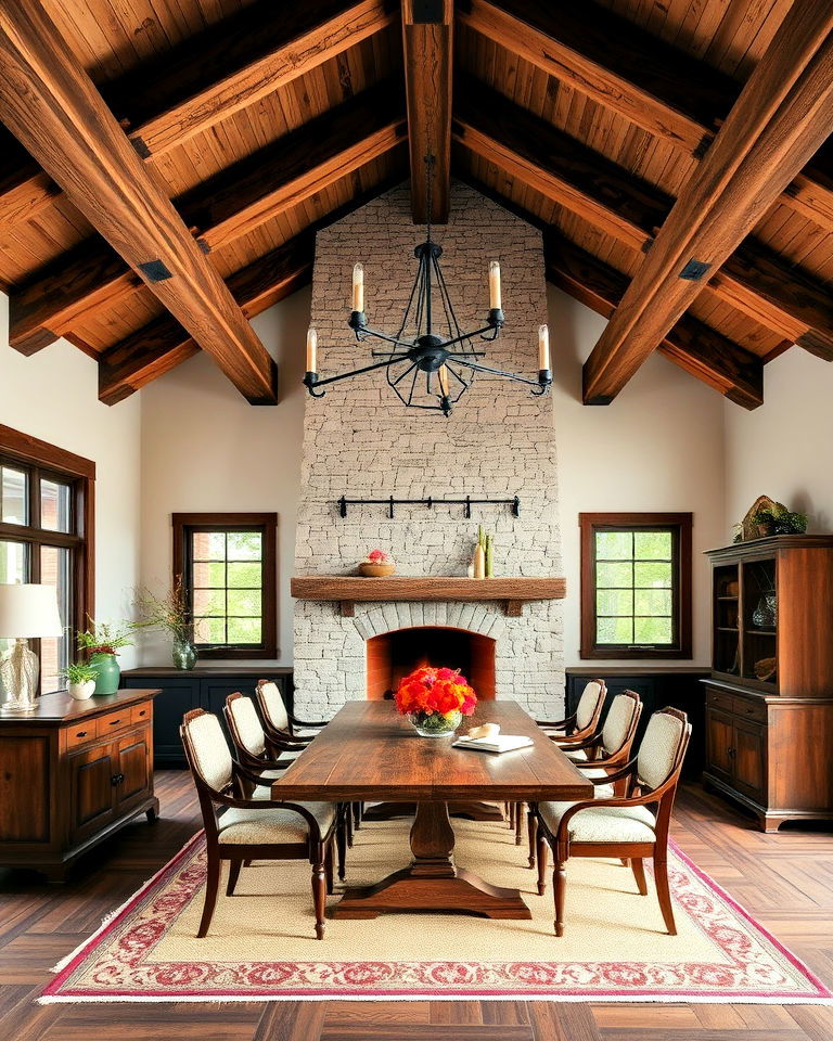 dining room with fireplace and exposed beam ceiling