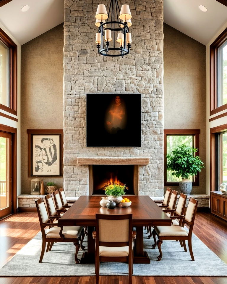 dining room with fireplace and floor to ceiling stonework