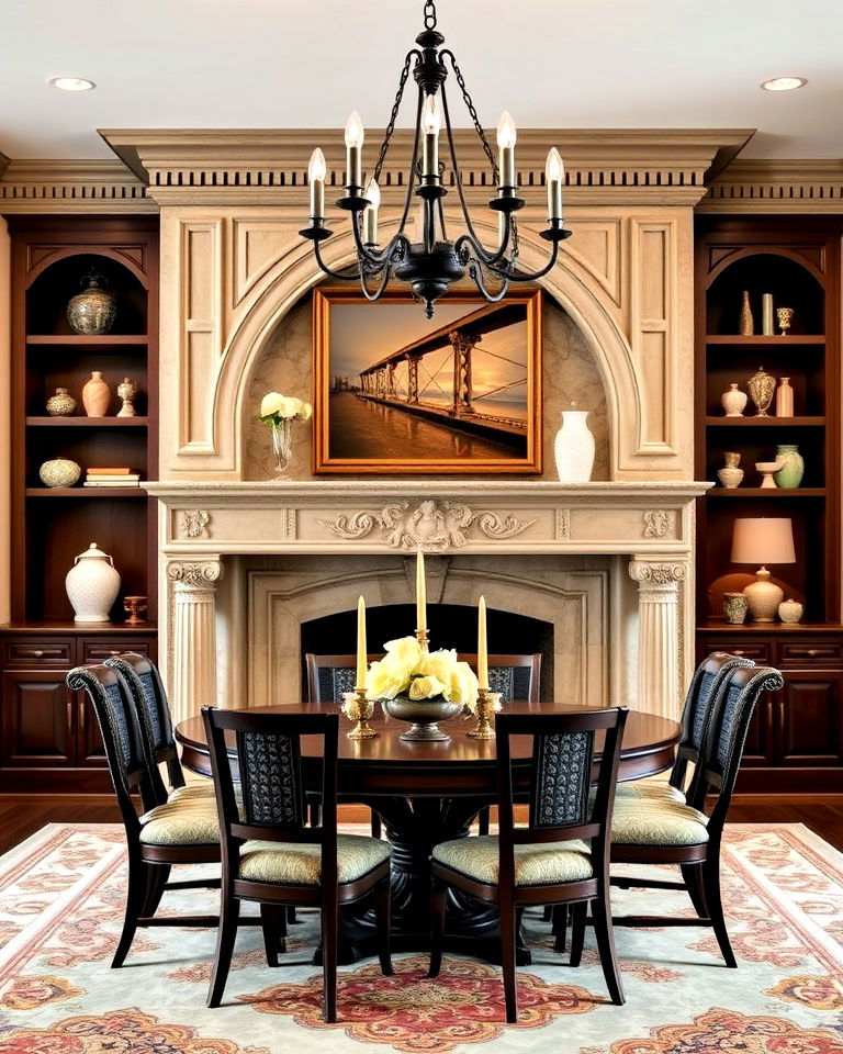 dining room with fireplace and grand mantel