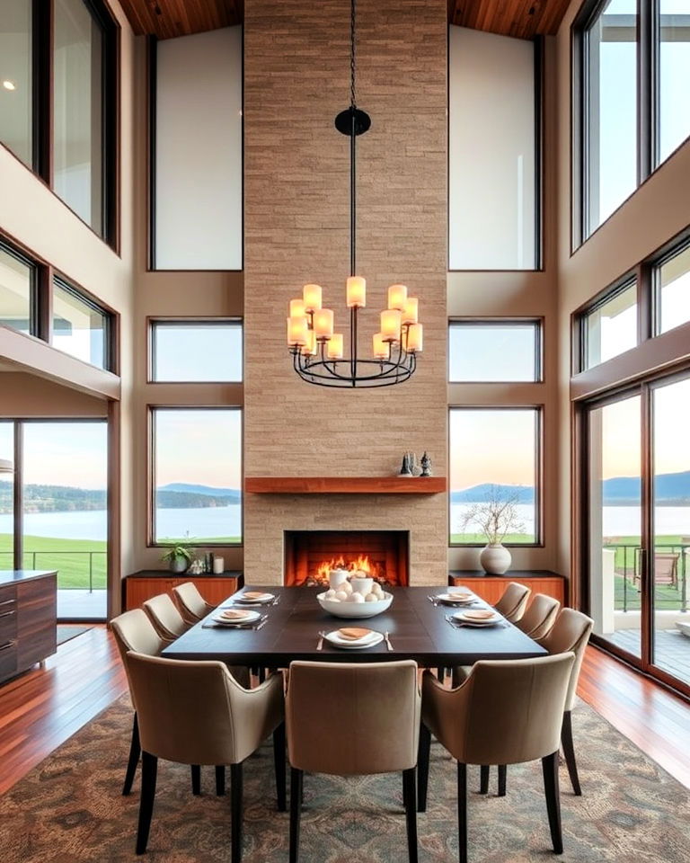 dining room with fireplace and large windows