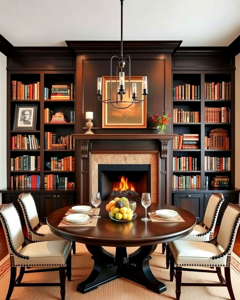 dining room with fireplace and surrounding bookshelves