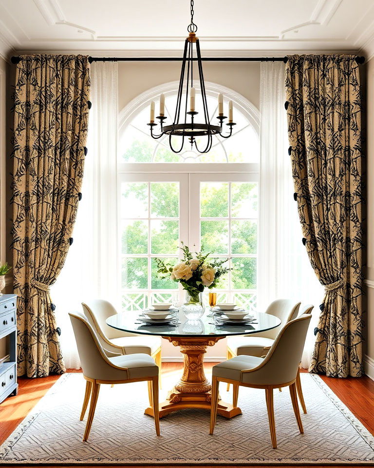 dining room with floral patterned curtains