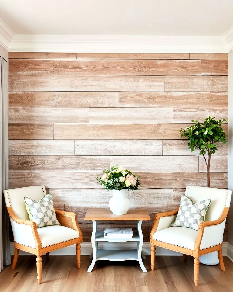 distressed barnwood accent wall in shabby chic interior