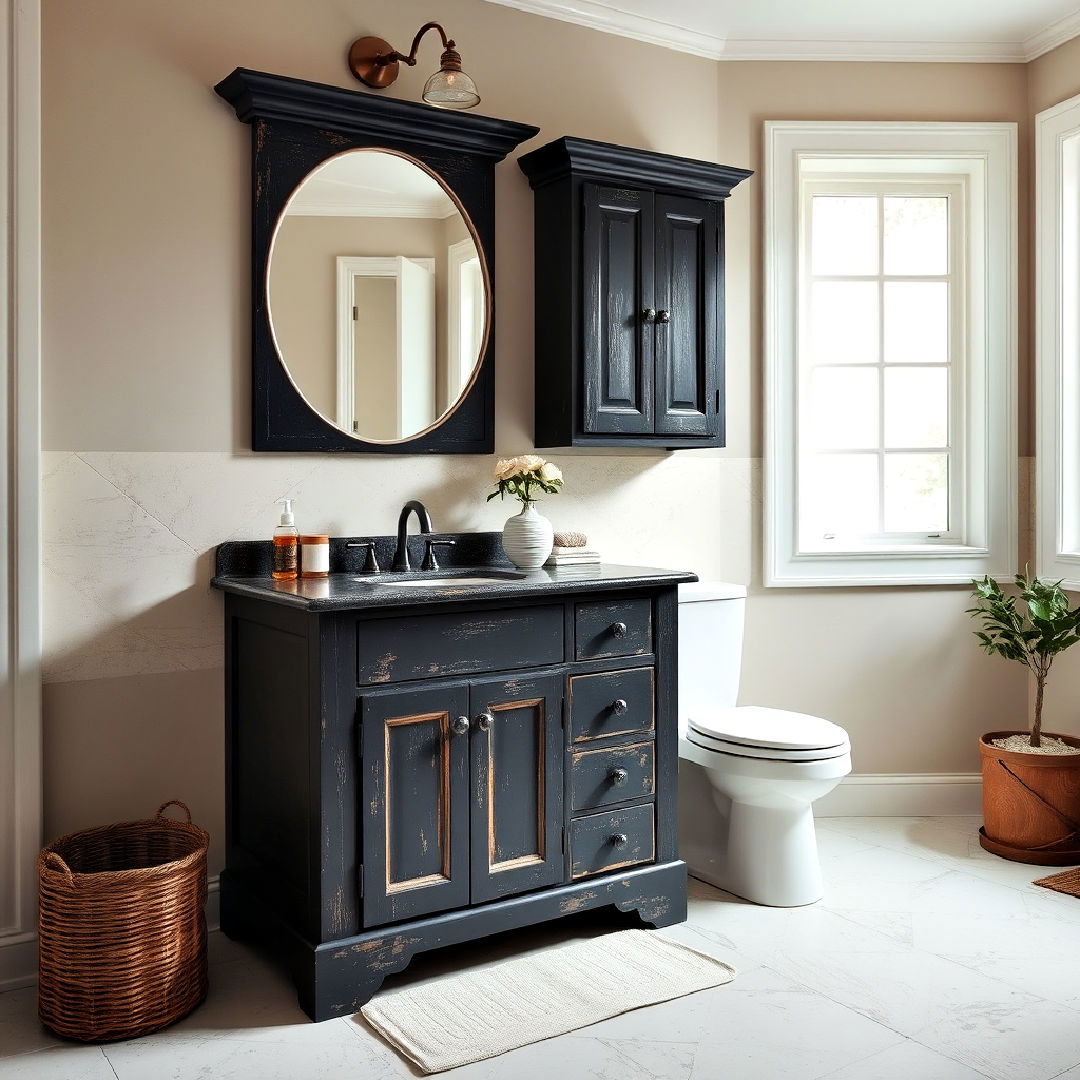 distressed finish vintage black cabinets