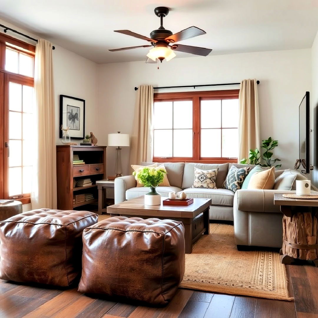 distressed leather poufs for living room