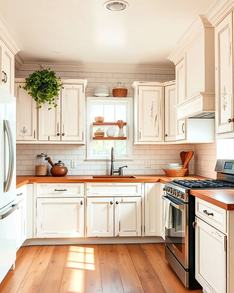 distressed white paint on cabinets