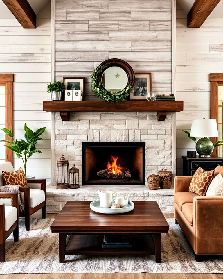 distressed wood look tile fireplace idea