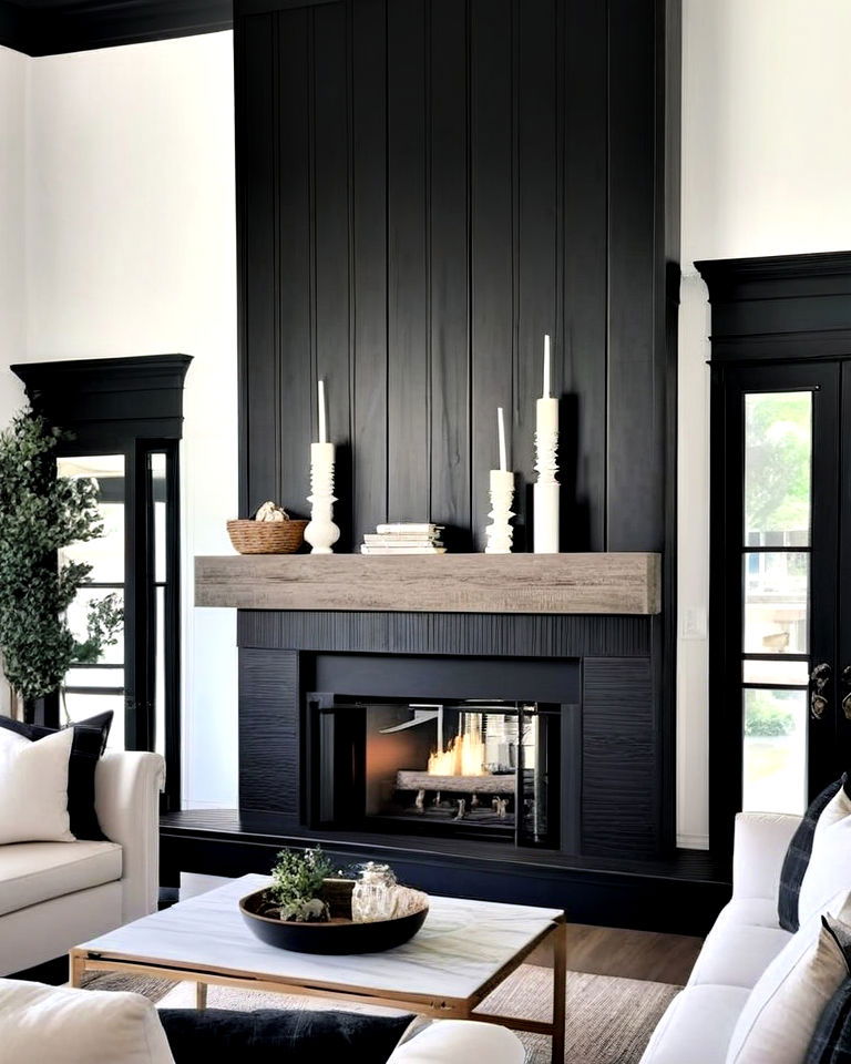 double sided black shiplap fireplace