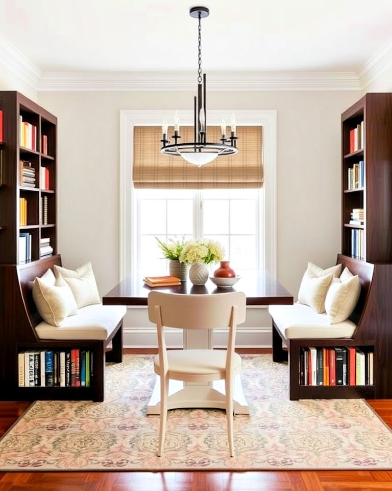 double sided bookcases as dining chairs
