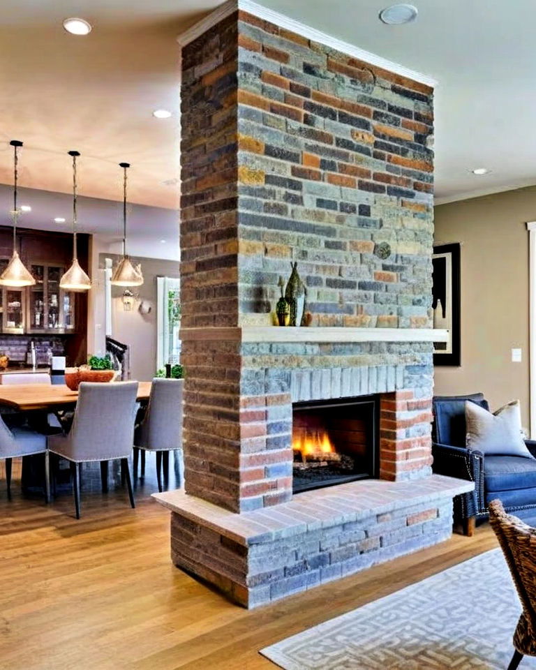 double sided brick fireplace