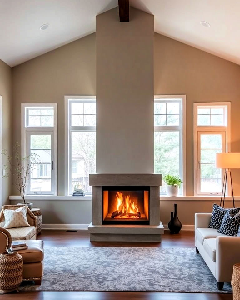 double sided fireplace between windows