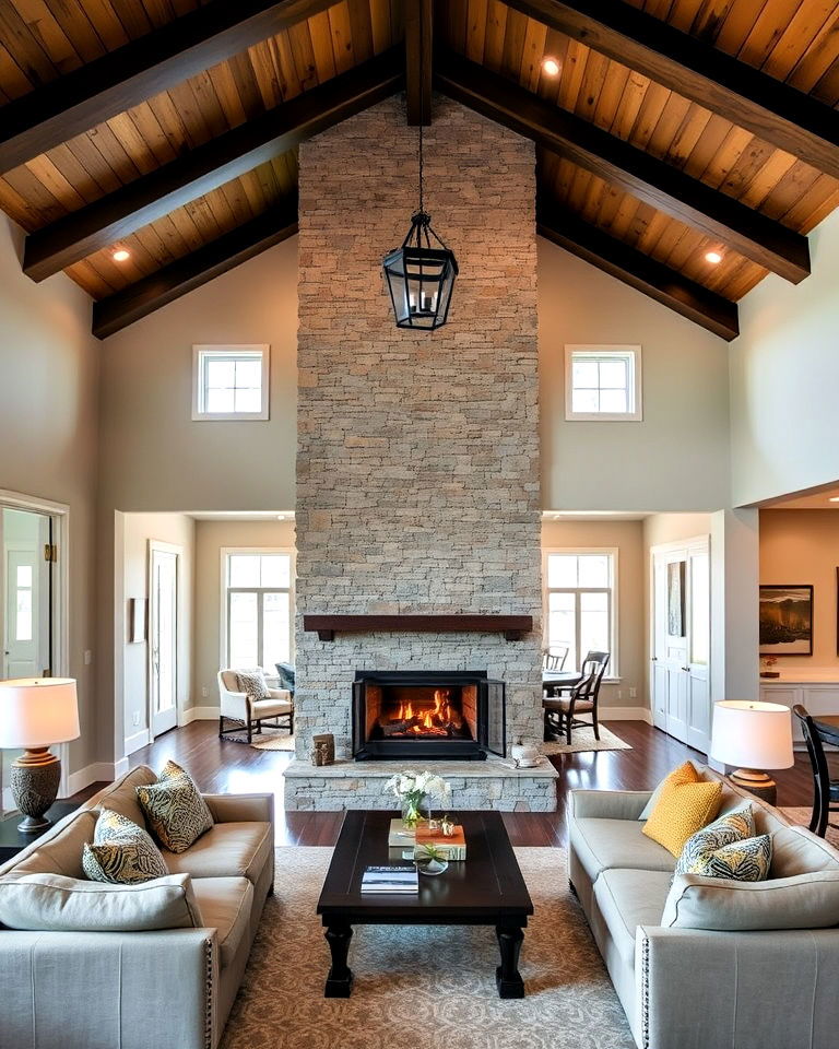 double sided fireplace with vaulted ceiling appeal