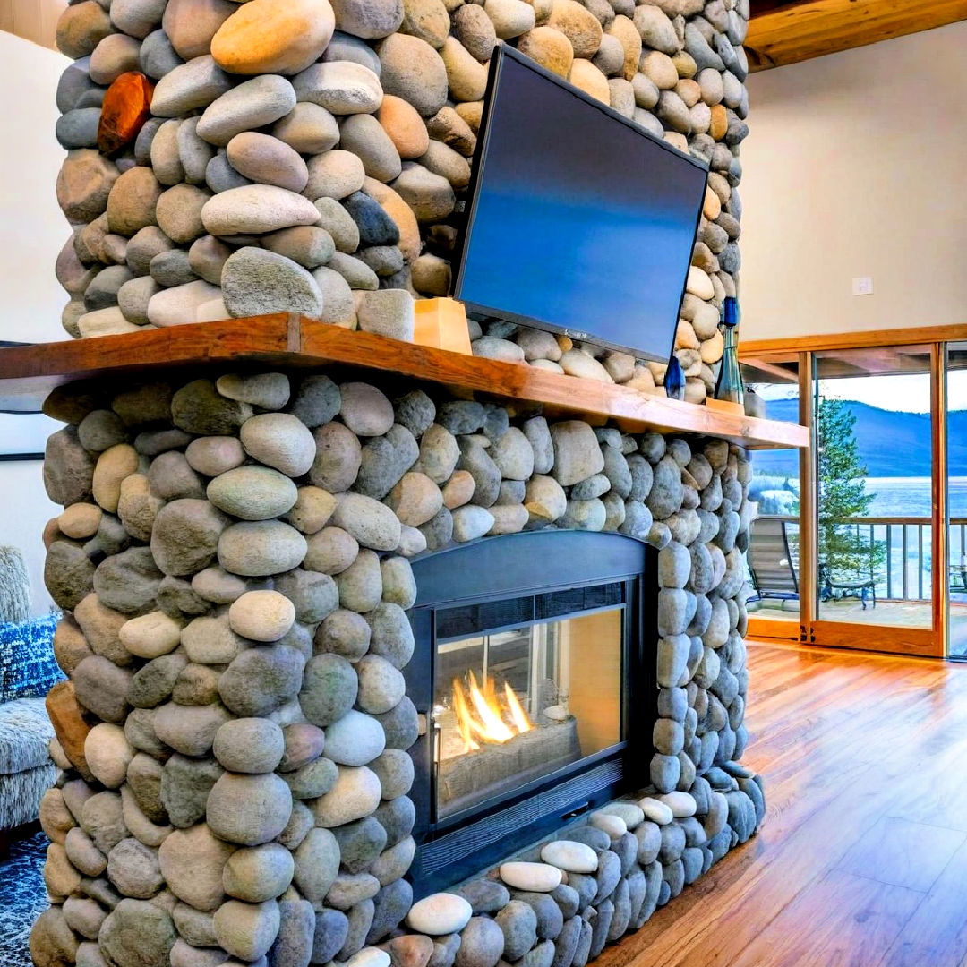 double sided river rock fireplace