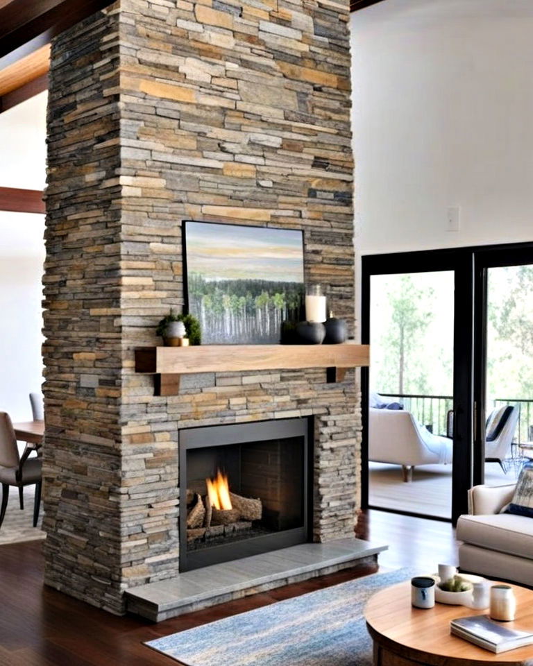 double sided stacked stone fireplace