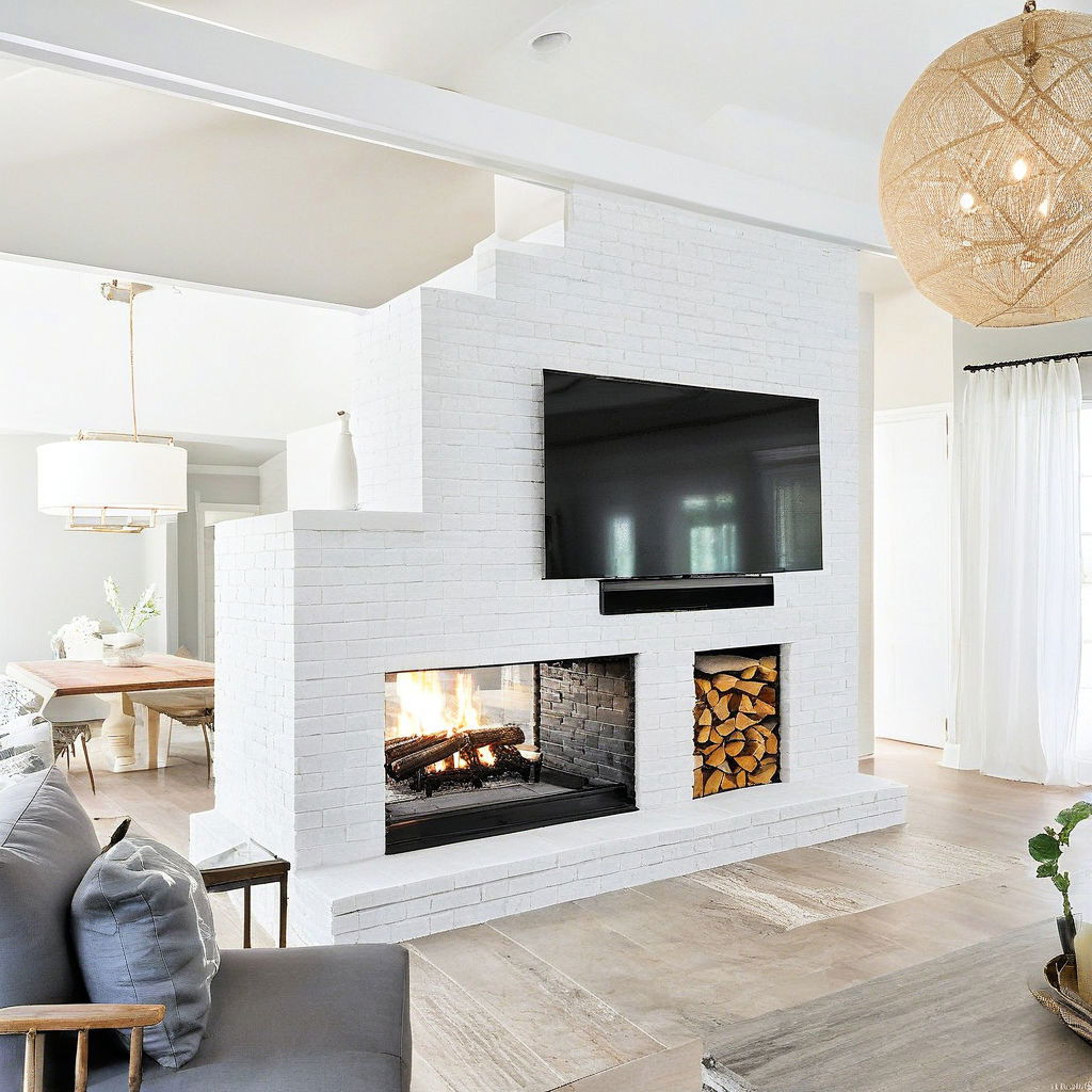 double sided white brick fireplace