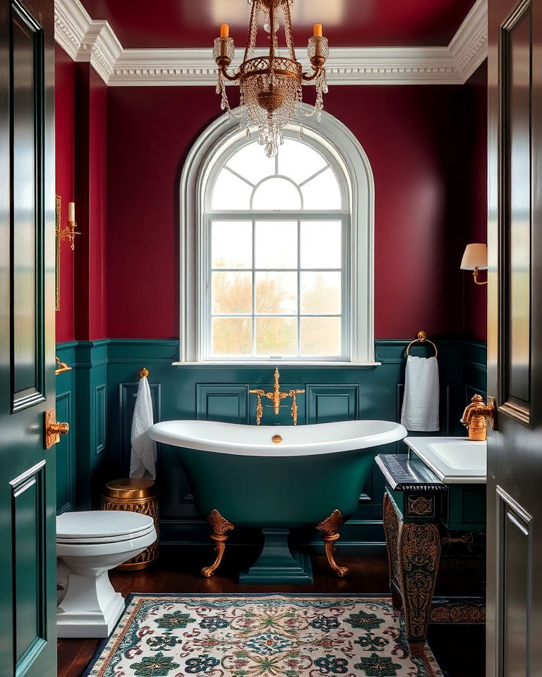 dramatic and deep color color victorian bathroom