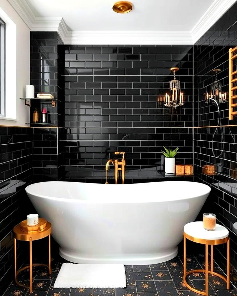 dramatic black bathroom tiles with gold accents