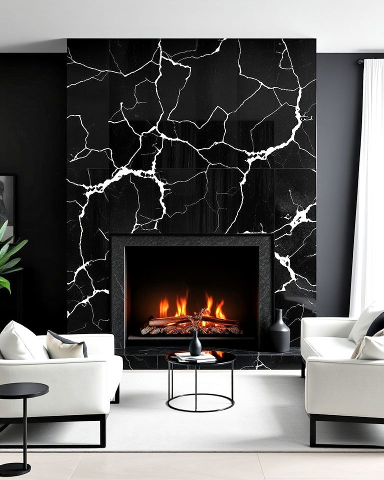 dramatic black marble fireplace