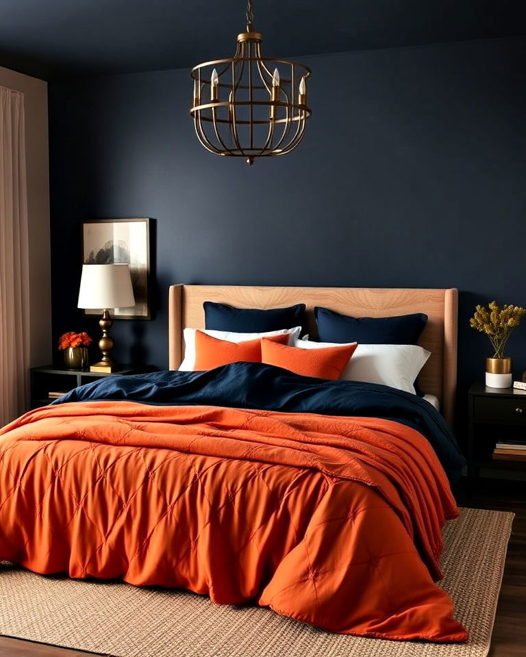 dramatic burnt orange and navy bedroom