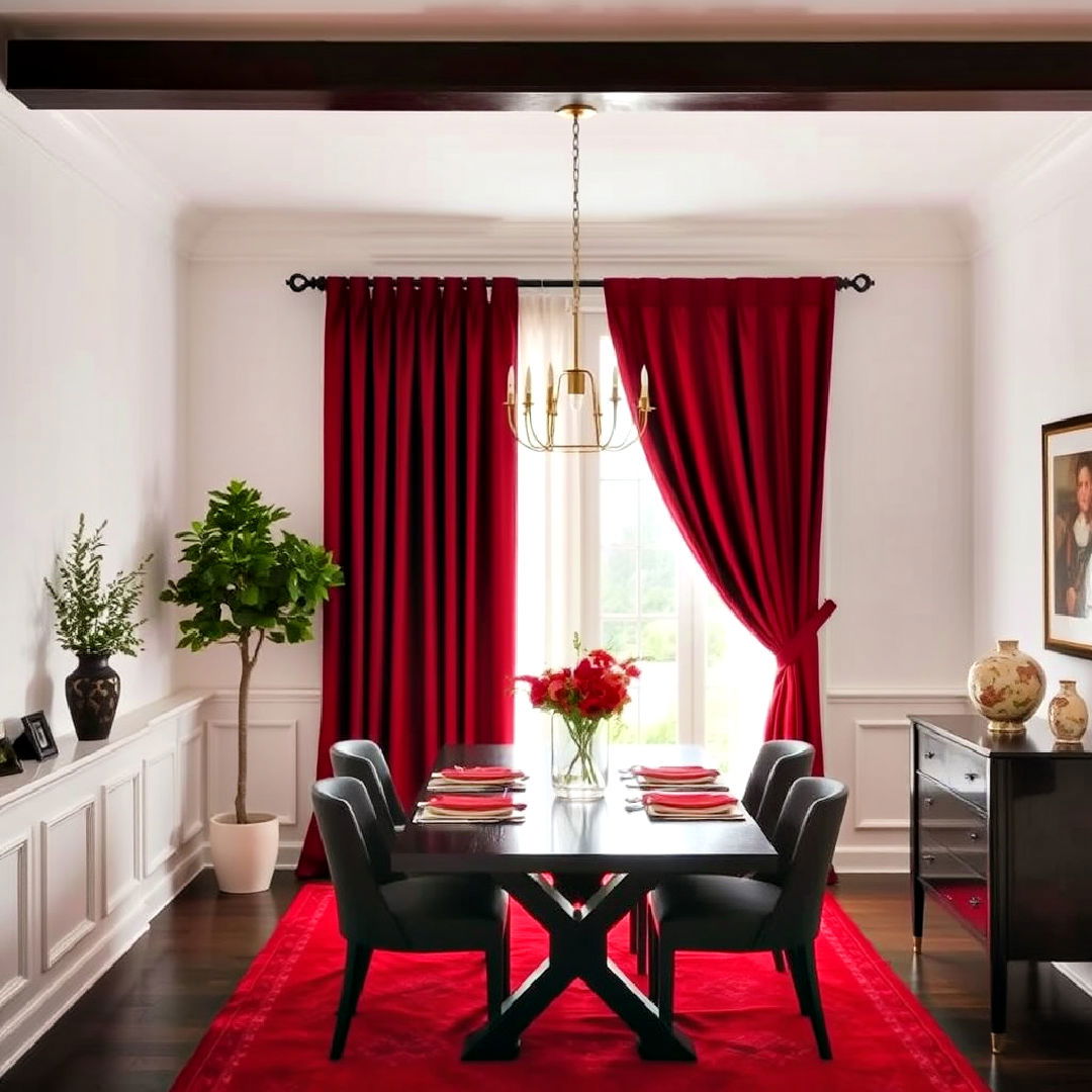 dramatic dark red dining room curtains