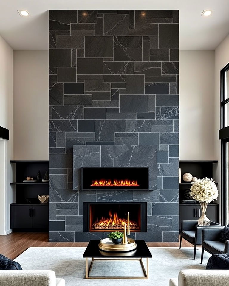 dramatic dark stone floor to ceiling fireplace