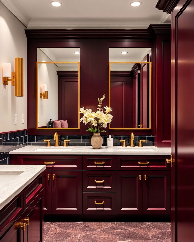dramatic deep burgundy bathroom cabinetry