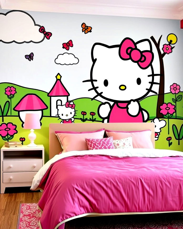 dramatic hello kitty themed bedroom wall mural