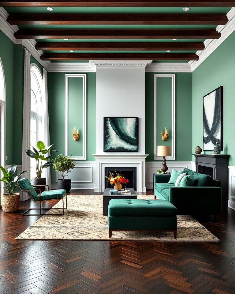 dramatic jewel tone living room with dark floor