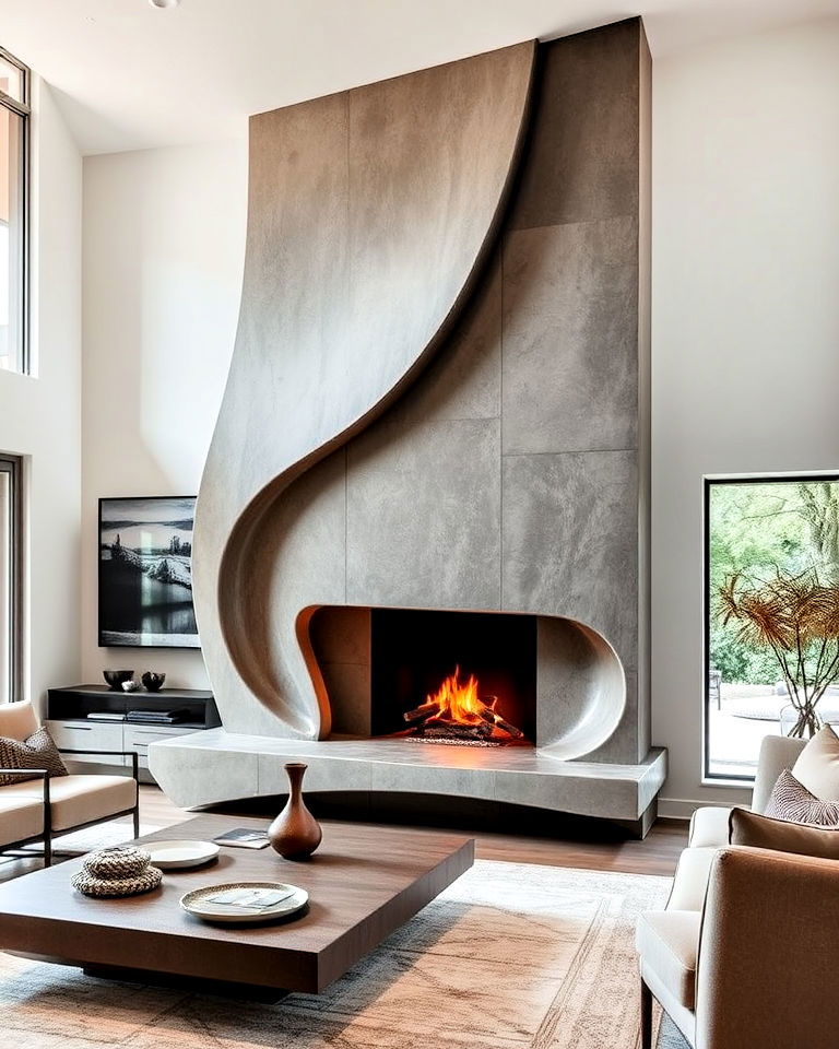 dramatic sculptural concrete fireplace