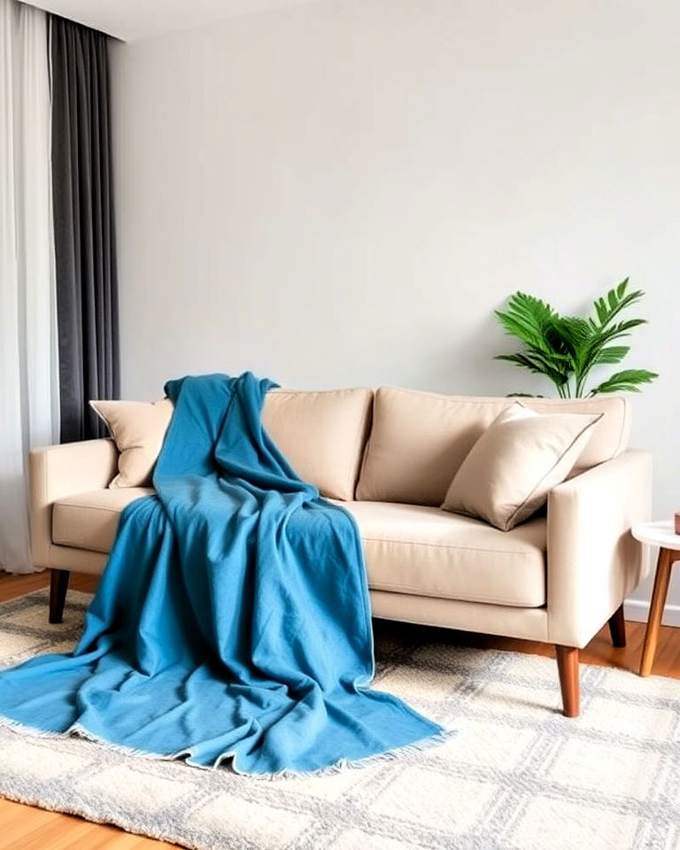 drape a blue throw blanket on a beige sofa