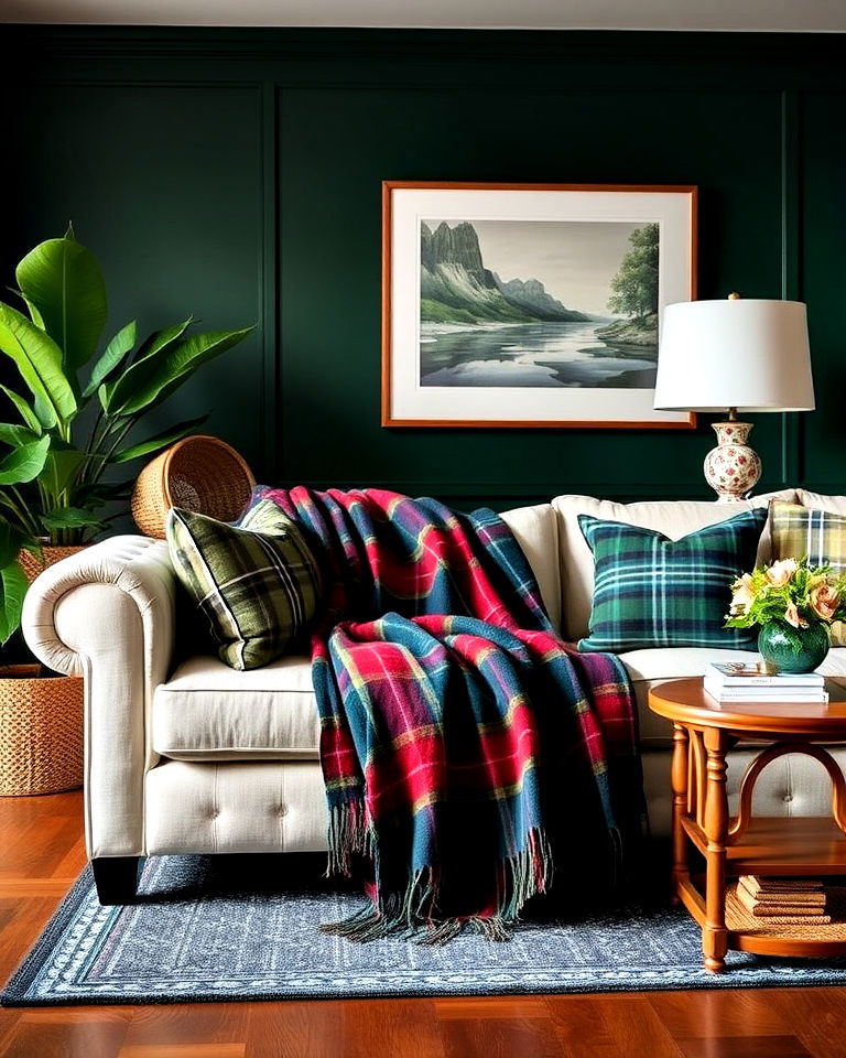 drape a traditional plaid throw over a sofa