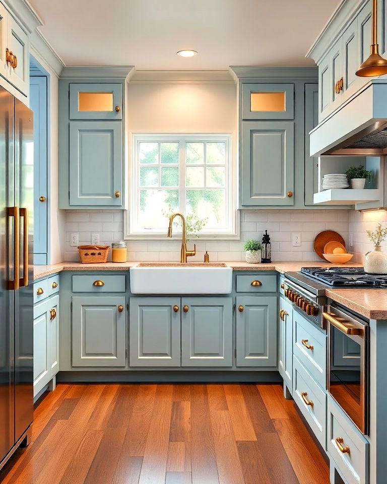 duck egg blue cabinets with antique gold hardware