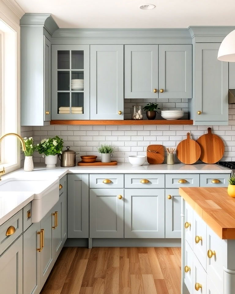 duck egg blue cabinets with brass hardware