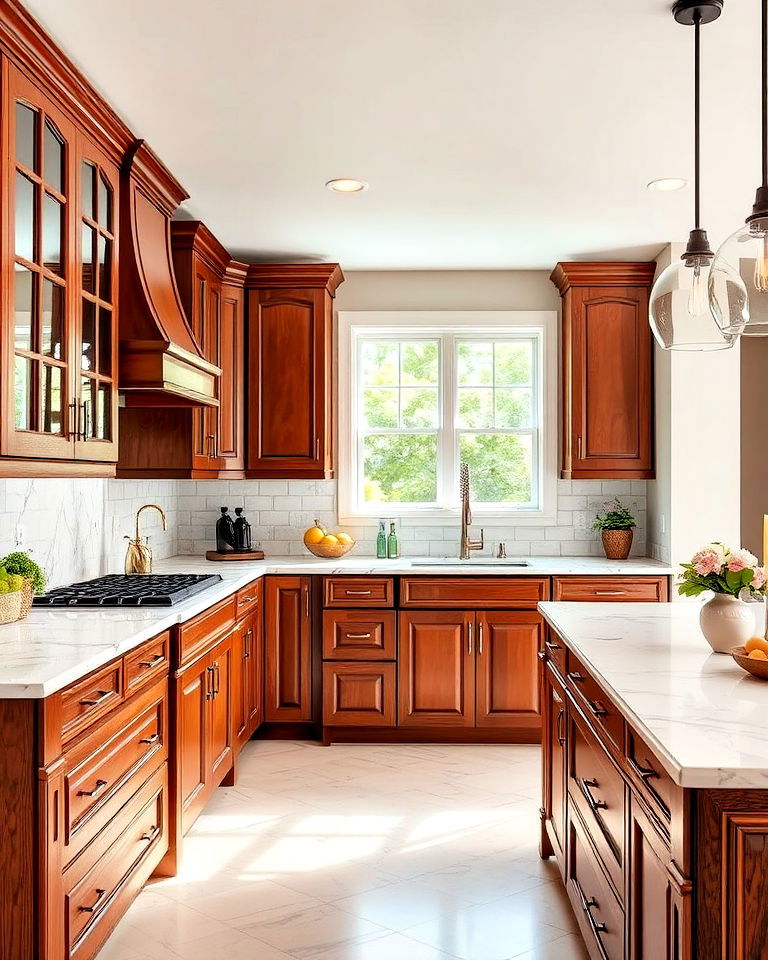 durable natural cherry cabinets with quartz countertop