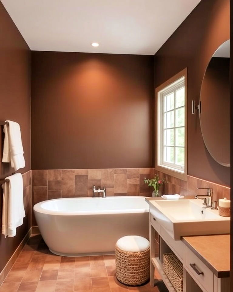 cozy and earthy brown bathroom walls