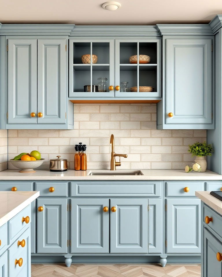 dusty blue cabinets with hammered gold knobs