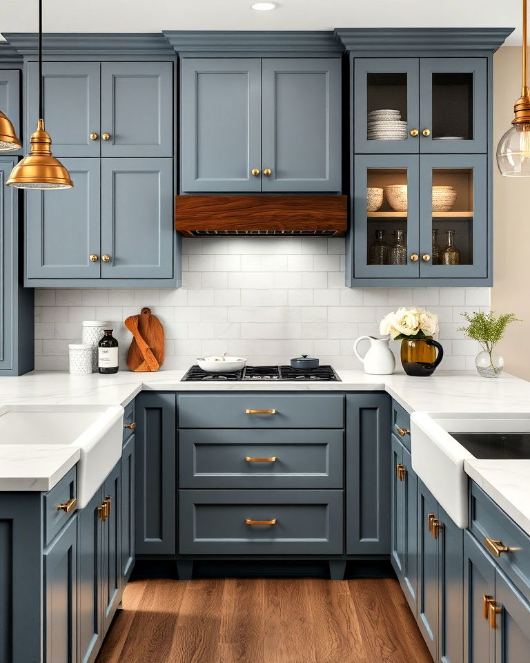 dusty blue cabinets with marble countertops
