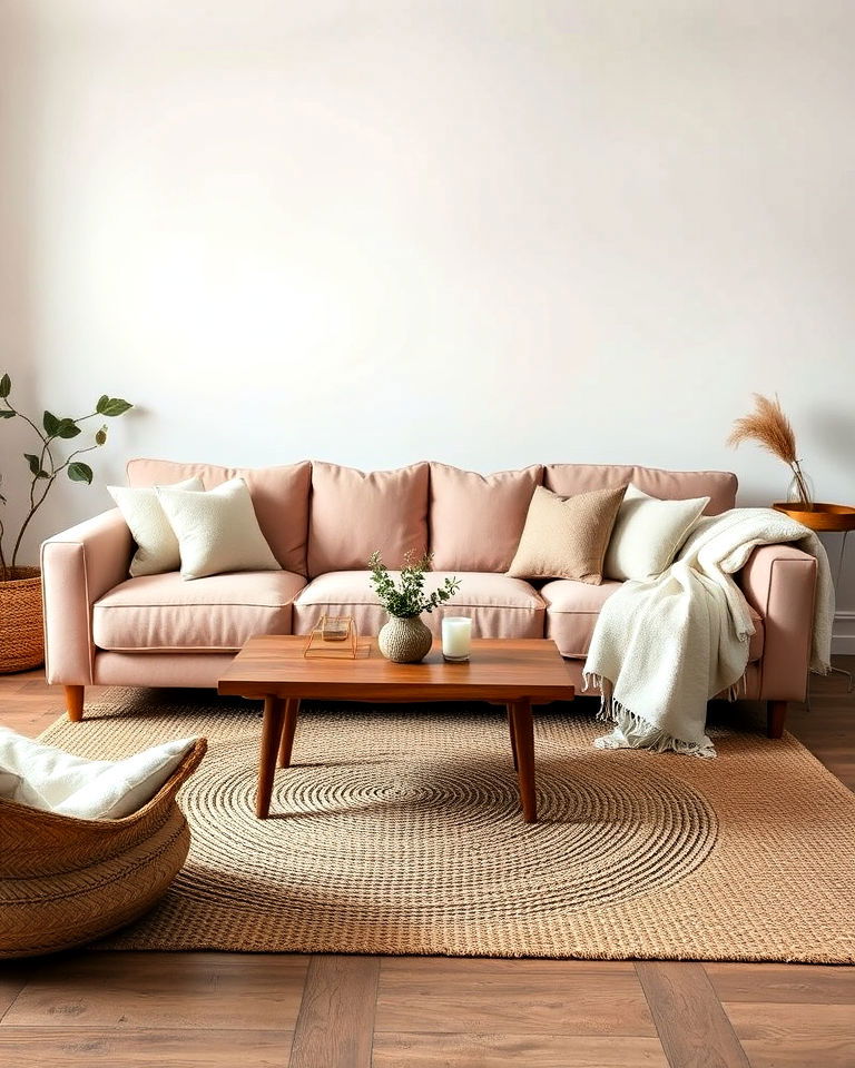 dusty pink couch and natural textures