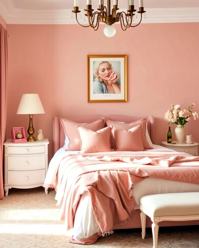 dusty rose accents to a pastel themed bedroom