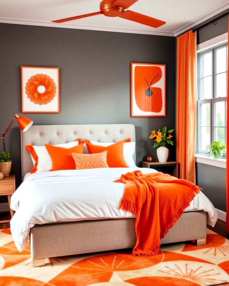 dynamic bedroom with bright orange accents
