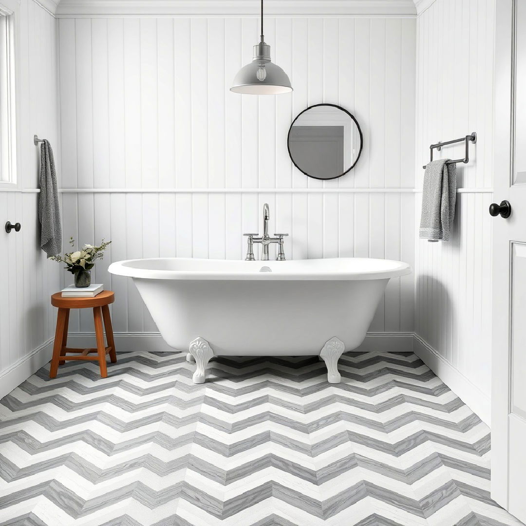 dynamic grey and white chevron tile flooring