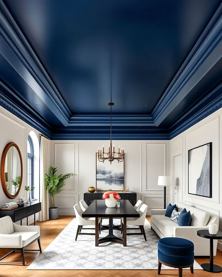 dynamic navy blue feature ceiling in your dining room