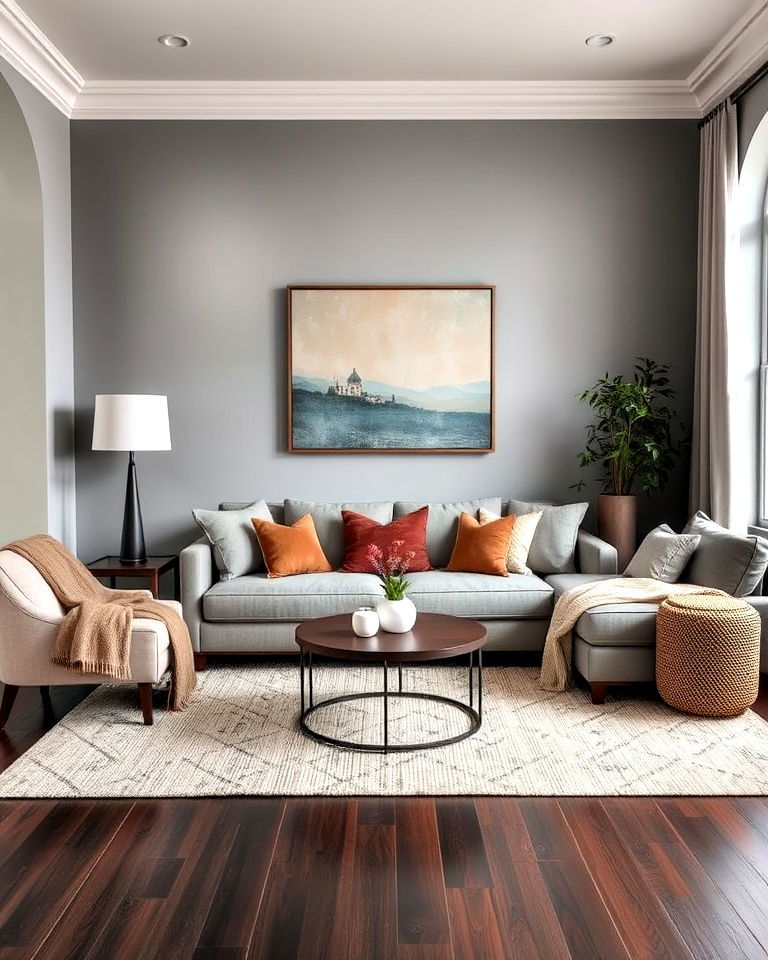 earthy and grey living room with dark wood floor