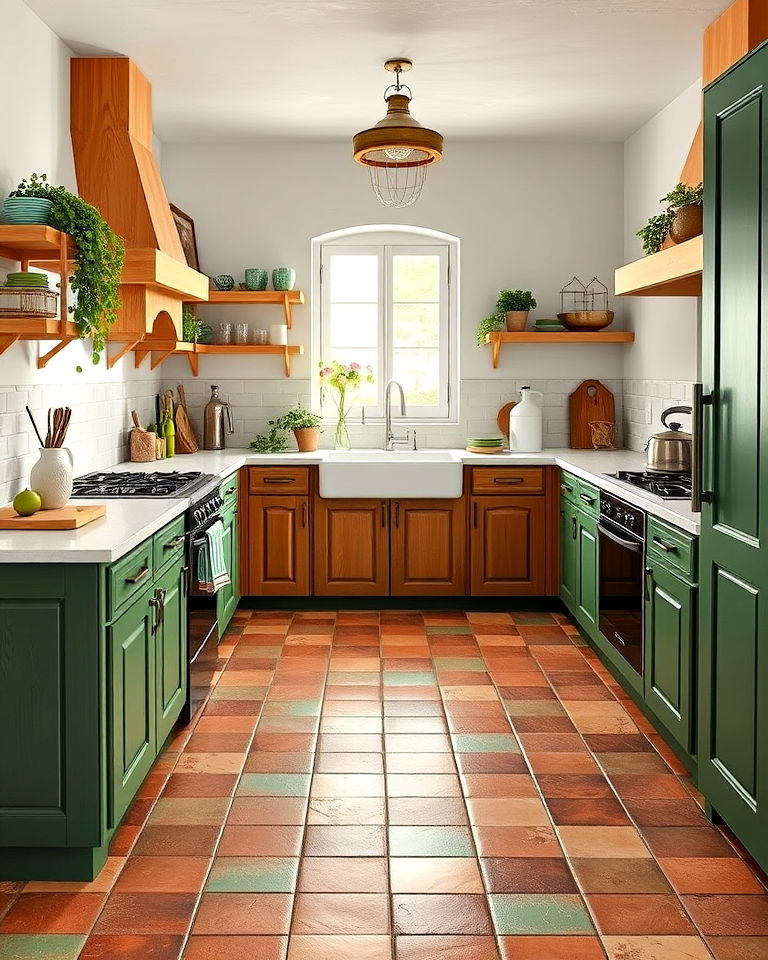 earthy green and brown terracotta flooring for kitchen