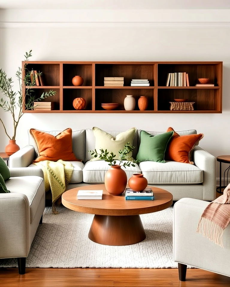 earthy green and grey living room with terracotta accents
