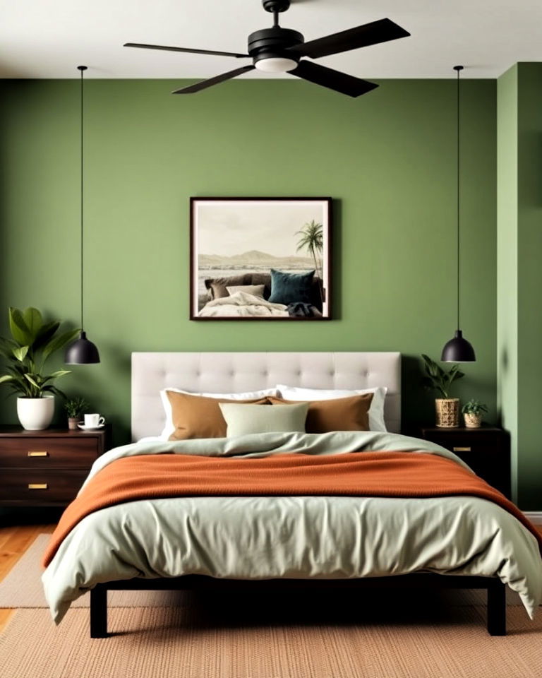 earthy green bedroom walls with brown accents