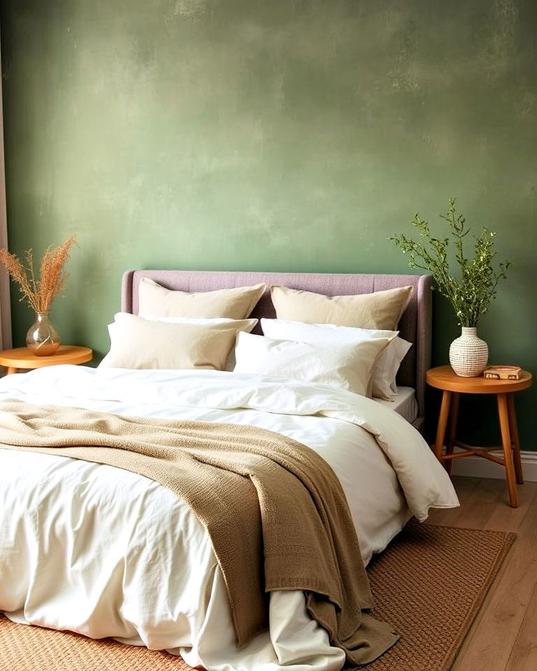 earthy green limewash bedroom