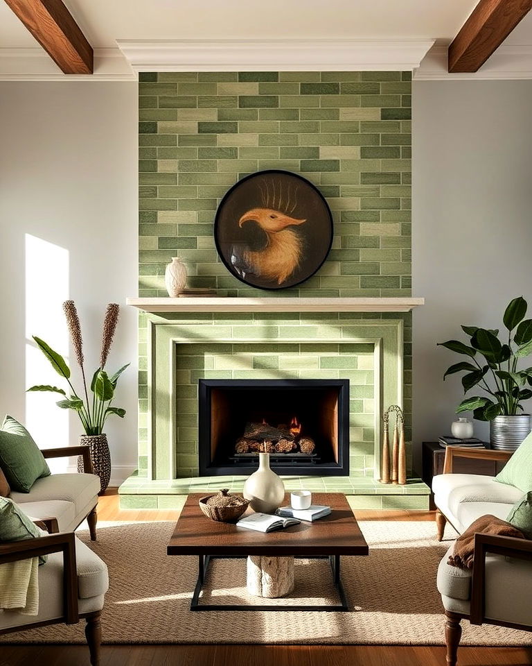 earthy green tile fireplace surround