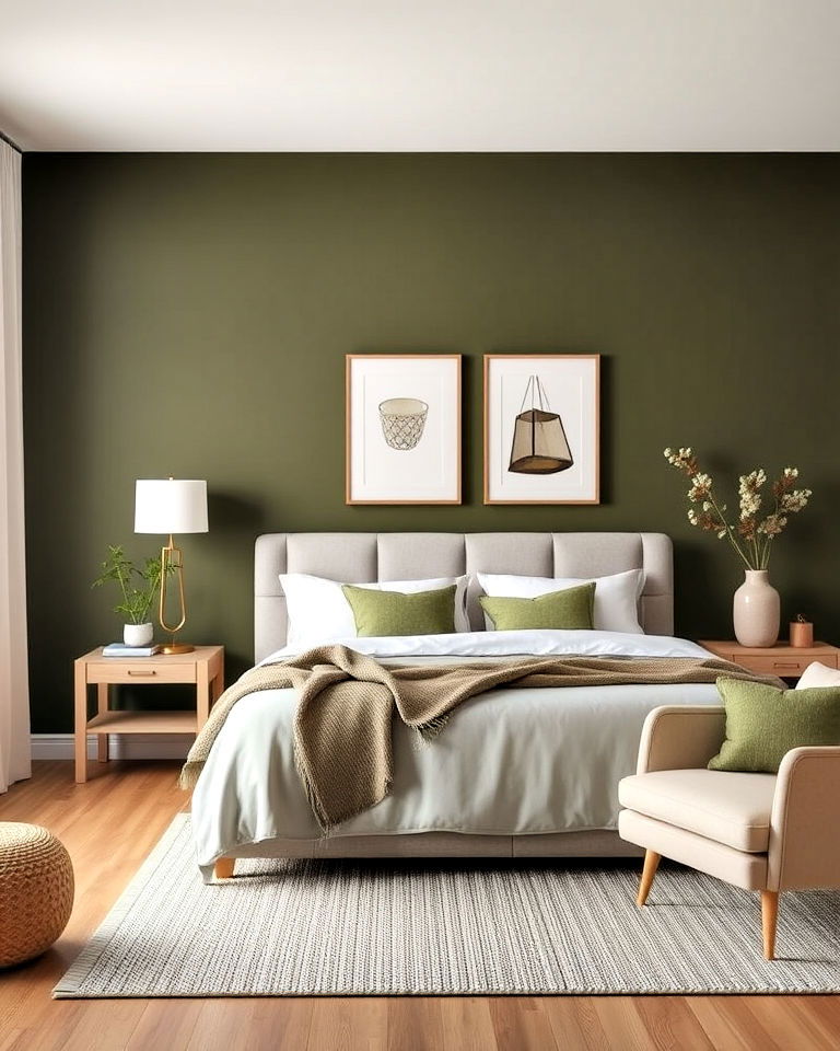 earthy olive green bedroom accent wall