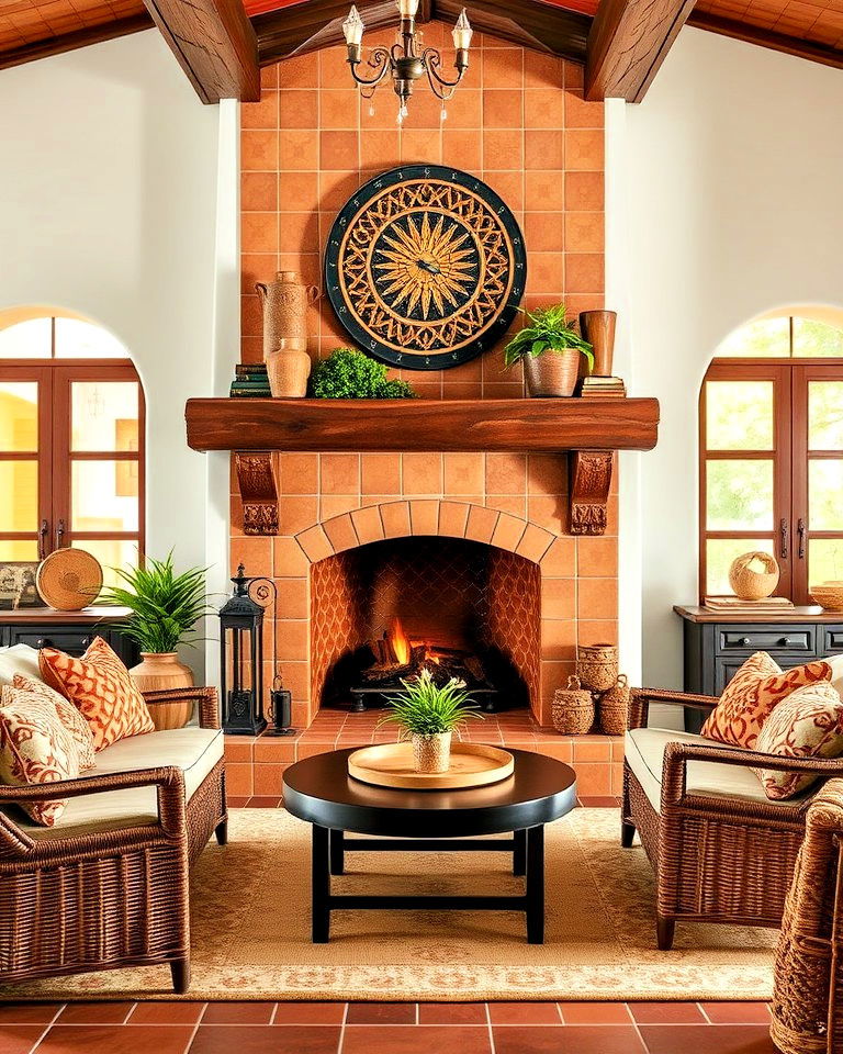 earthy spanish style saltillo tile hearth fireplace